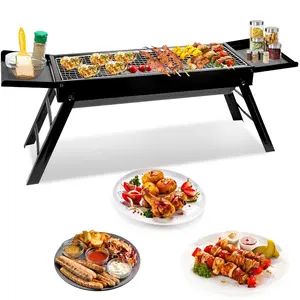 Barbecue Charcoal Grill, Stainless Steel Folding Portable BBQ Grill with 2 Side Tray, Foldable Tabletop Grill for Outdoor Cooking Picnics Camping Hiking Tailgating Backpacking Party Backyard patio