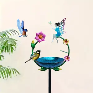 Outdoor Umbrella-Shaped Bird Bath Bowl, Detachable Metal Stake, Durable Iron Design, Perfect for Garden Patio Lawn, Year-Round Use