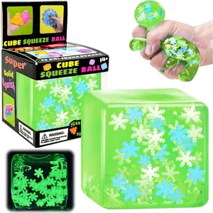 Green Squeeze Cube with Glow in The Dark Snowflakes Inside，Squishy Fidget Gummy Toys ， Luminous Sensory Toys for Kids Autism , Maltose Balls for Anxiety Stress Relief Gifts for Kids