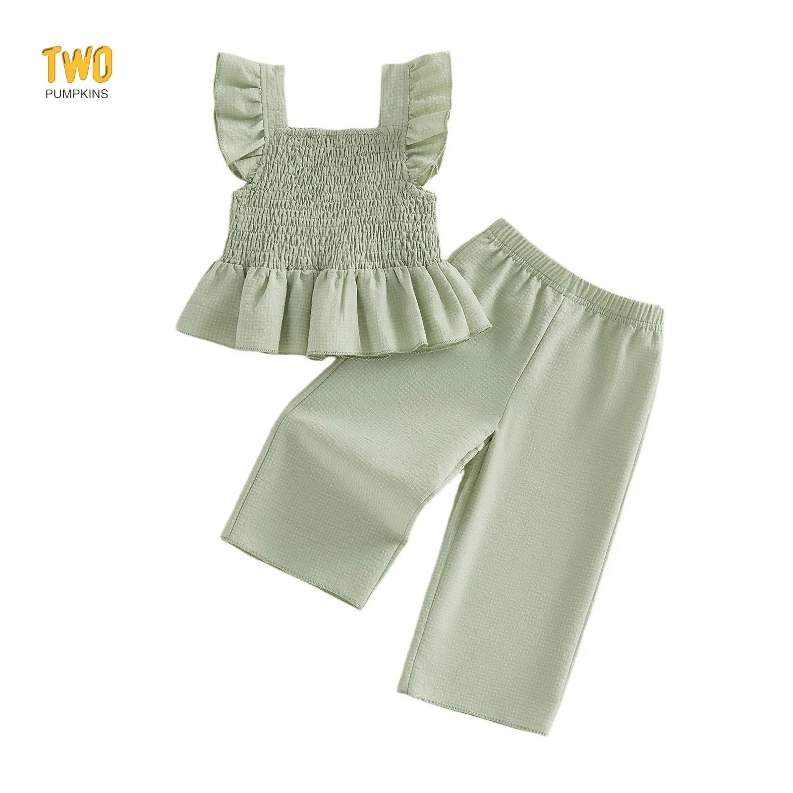 2Pcs Toddler Girls Summer Outfits Flying Sleeve Square Neck Solid Color Smocked Vest Tops and Elastic Waist Pants Set