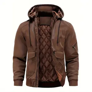 Men's Pu Leather Hooded Jacket, Windproof Waterproof Warm Bomber Jacket For Autumn Winter