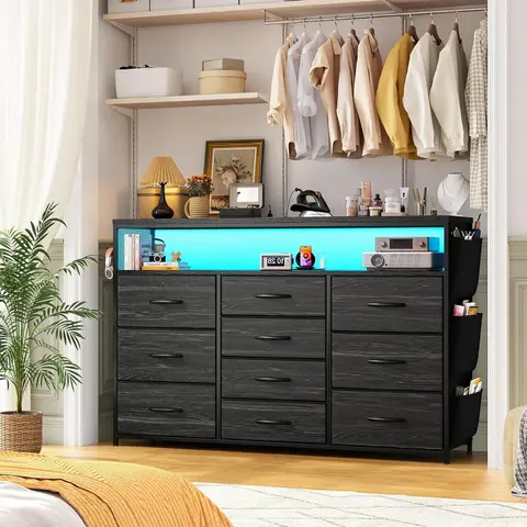 Raybee 10-Drawer Sturdy Metal Frame Modern Storage Cabinet Chest - TV Cabinet Entertainment Center with LED Lights, Power Outlets, Shelves, Side Pockets, Wood Top, 110lbs Safe Capacity for Bedroom