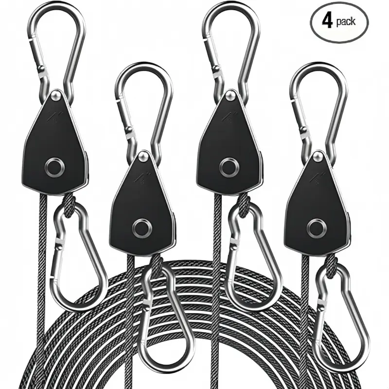 4-Pack Heavy-Duty Ratchet Straps, 75 lbs Capacity Each - Rust-Proof Hooks & Adjustable Rope for Tent, Grow Lights, Ventilation, and Indoor Gardening, Tear & Rust-Resistant with Galvanized Carabiners for Secure Fixture Installation