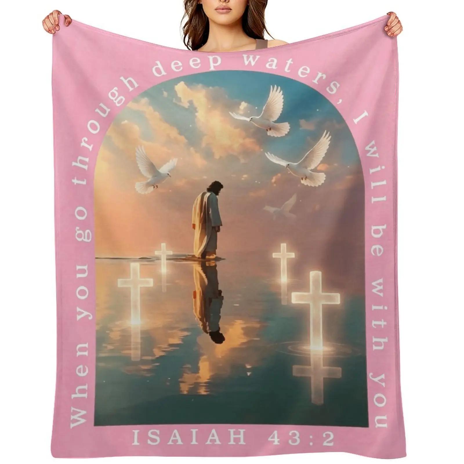 Flannel blanket featuring a cross and Isaiah scripture print, vintage Y2K style; soft against the skin and breathable—perfect for office naps, car trips, or as a portable throw—a must-have gift