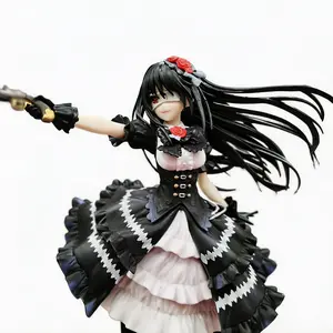 Kurumi Tokisaki Gothic Lolita Figure from Date A Live, Interchangeable Face Anime Girl PVC Collectible Statue with Pistol, Black Dress Character Model, Desktop Shelf Display Decor Gift for Anime Waifu Fans