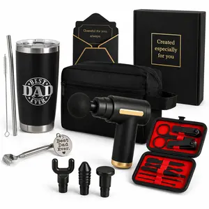 Gift Basket for Dad - 7 Piece Set with Massage Gun, 20 oz Tumbler, Key Ring, Manicure Kit & Toiletry Bag - Perfect for Birthday or Appreciation
