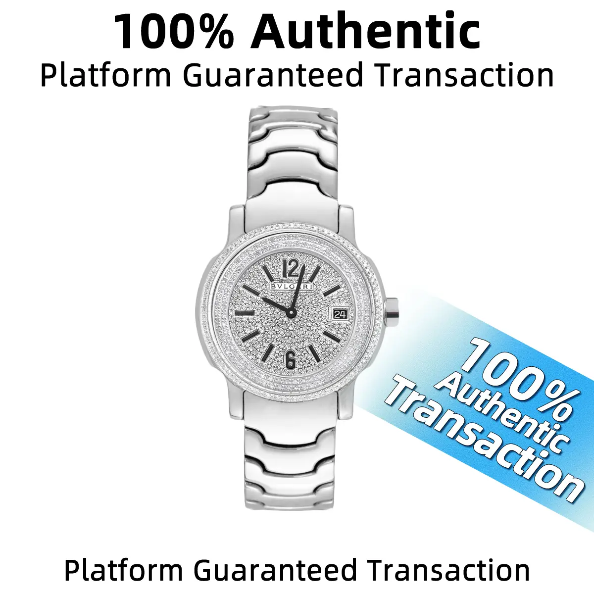 BVLGARI 35mm Stainless Steel Quartz Watch with Full Aftermarket Diamond Setting (Full Pavé)  WHP037831