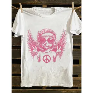 Men's Vintage 70s 80s Punk Rock Band T-Shirt - White & Pink Retro Music Tee with Angel Wing & Peace Sign Design, Indie Song Lyrics/TV Typography, Casual Round Neck Shirt for Concerts, Festivals & Casual Attire