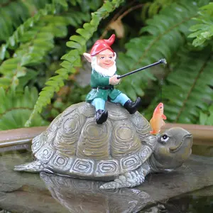 Dwarf Riding Turtle Fishing Ornament, 1 Count Creative Office Desk Resin Ornament Craft, Outdoor Garden Decoration Bonsai Ornament