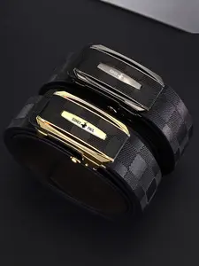 Men's Automatic Buckle Belt, Plaid PU Leather Strap, Business Casual Style, All Seasons Wear, Enhance Your Quality