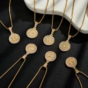 1pc Copper Inlaid Golden-Plated Hip Hop 12 Zodiac Pendant Necklace for Women and Men, 12 Zodiac Signs Pendant, 304 Stainless Steel Twisted Rope Chain, 23.6 Inches (Approx.60cm)