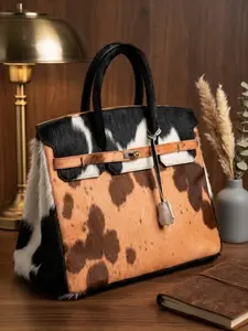 Signature Cowhide Handbag – Hair-On Hide Top-Handle, 100% Genuine Leather, Detachable Chain, Roomy Interior, Black Brown Grey Patch Pattern