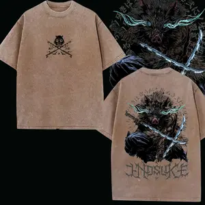 Demon Slayer Mens T-shirt, Inosuke Hashibira Shirt Tanjiro Kamado Tee Printed Kaos Short Sleeve Shirt Casual, Vintage Washed Tee Unisex Oversize Anime Manga Washed Heavyweight Cotton T-shirt