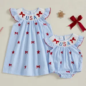 Toddler Baby Kids Girls Dress 4th of July Clothes Sisters Smocked Embroidered Fly Sleeve Matching Dress Summer 0-6 Years