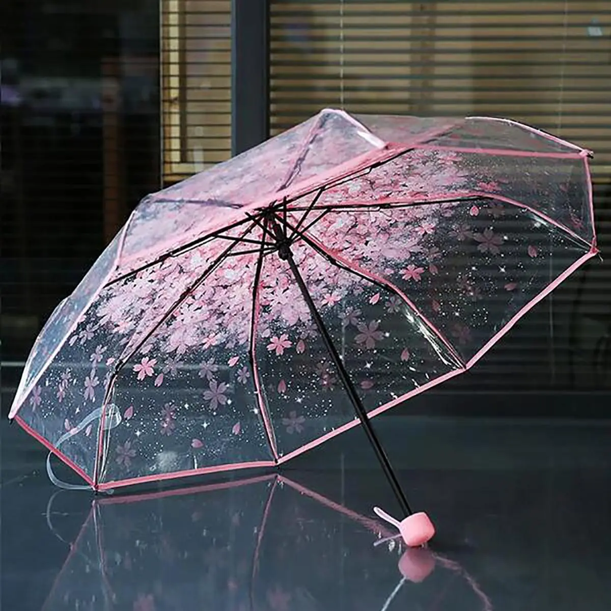 Transparent Flower Pattern Umbrella, 1 Count Portable Manual 8-rib Umbrella, Folding Durable Umbrella for Women & Men