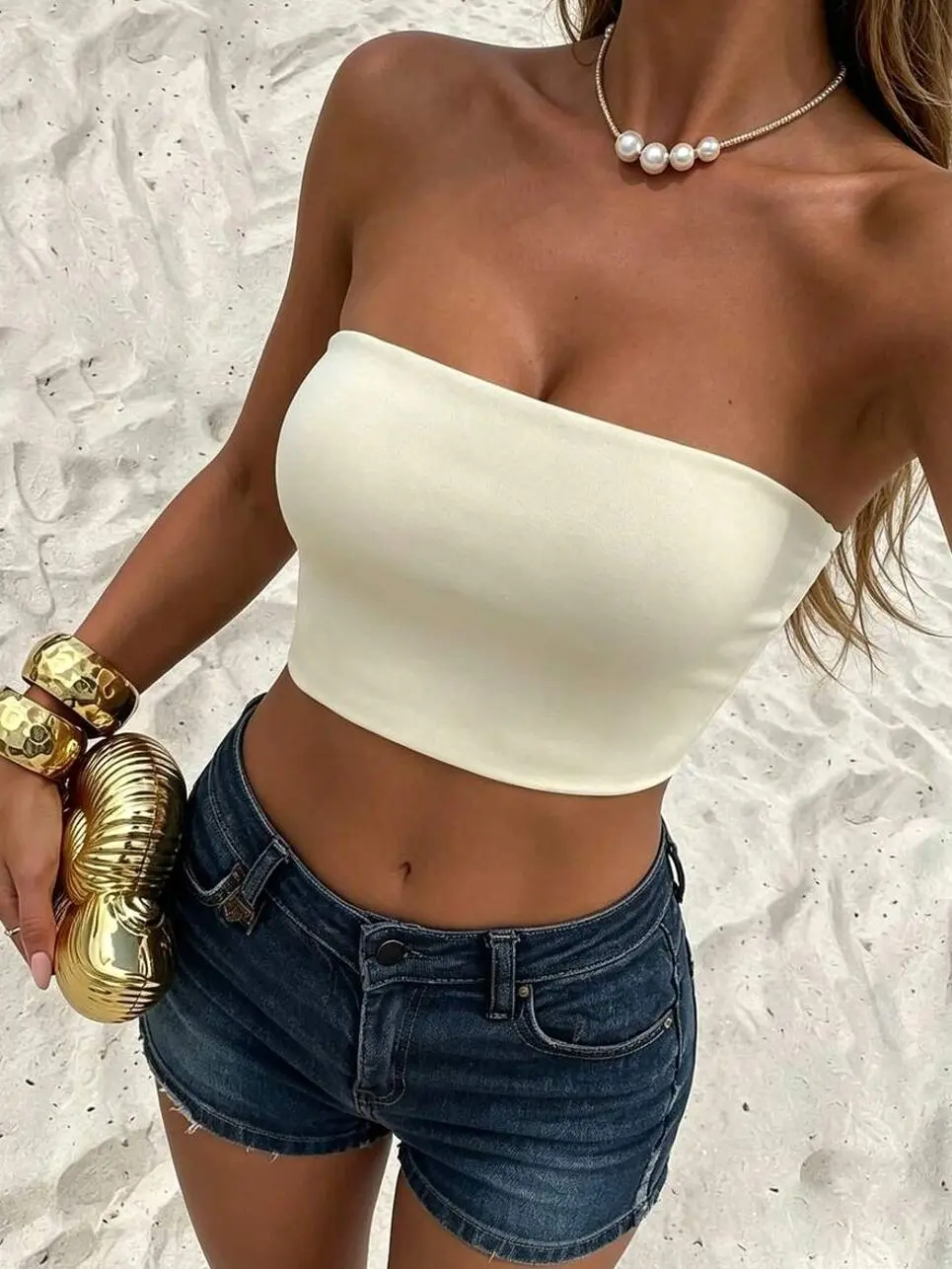 Allurite Women Solid Color Bandeau Backless Sleeveless Top