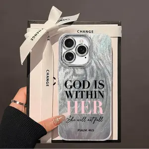 Pink Bible Psalms Quotes Christian Pattern Acrylic TPU mobile phone case applicable for iPhone 16ProMax 15 14 13 12 11 Plus cases Comes and a glitter glass lens shockproof full camera protection durable shockproof protection new style camlet design