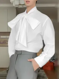 INCERUN Men Shirt Solid Color Plain Lace Up Bowknot Long Sleeve Casual Men Clothing Loose Fashion Elegant Streetwear Shirts CamisasWorkwear