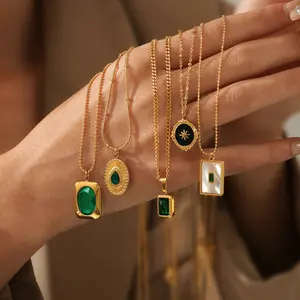 French Vintage Emerald Necklace – Geometric Mother-of-Pearl Titanium Steel Pendant, Trendy Stainless Steel Jewelry for Women