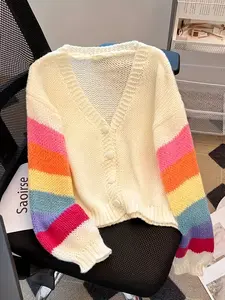 A large-size women's beige rainbow long sleeve V-neck knitted cardigan, suitable for autumn and winter, suitable for sweet casual style, personalized fashion style and other styles.