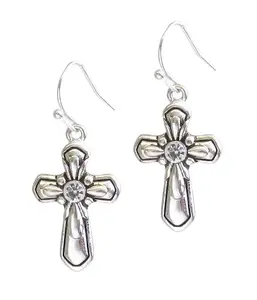 Costume Silver-Tone Cross Dangling Earrings W/White Center Stone