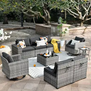 POUUIN 9 Piece Modular Patio Outdoor Sectional Furniture Set with Swivel Rocking Chairs, Wicker Conversation Sofa Set, Outside Couch Set with Wide Arm