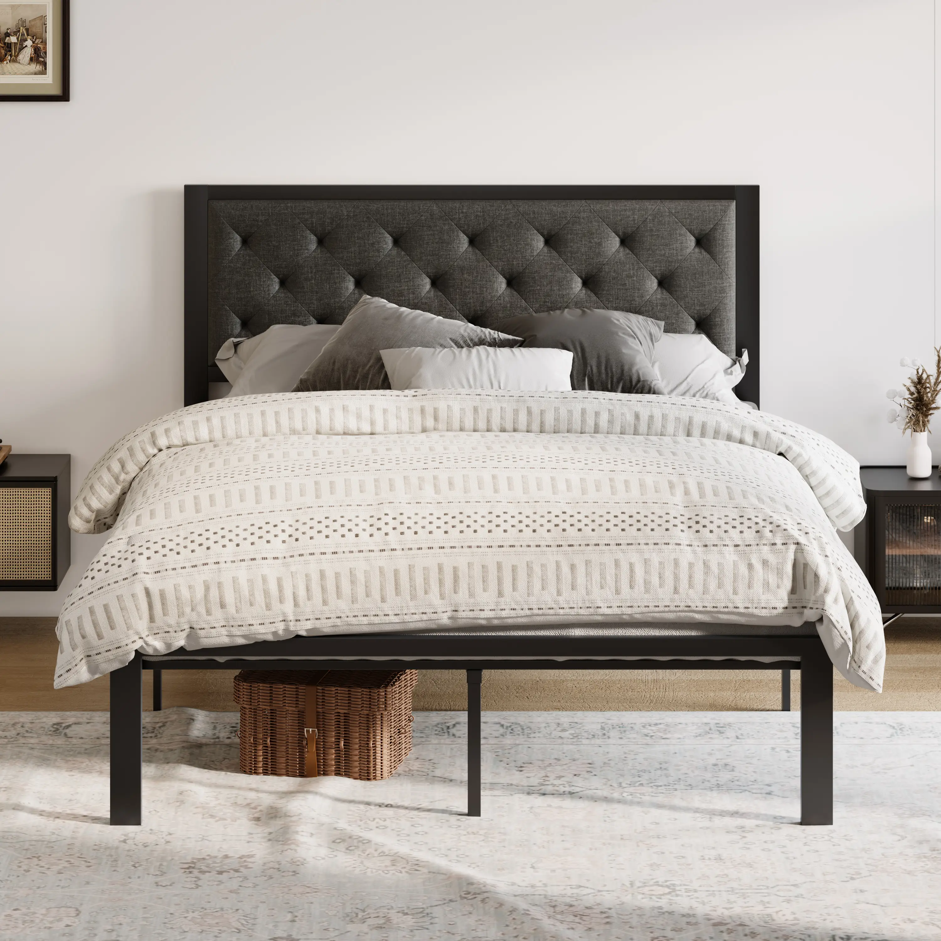 Allewie Twin/Full/Queen/King Upholstered Platform Bed Frame - Fabric/Faux Leather Button Tufted Headboard with Metal Frame & 17-Slat Support, Black/Da