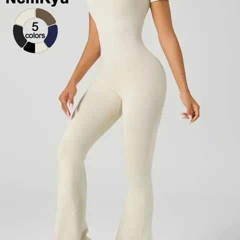 Women's Square Neck Jumpsuits One-Piece Suit Short Sleeve Gym Clothes Push Up Workout Tracksuit Fitness Bodysuit Sportswear Square Neckline Jumpsuit