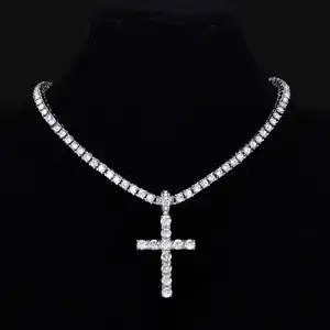 Hip Hop Cross Pendant Necklace, 4mm Zircon Tennis Chain, Iced Out Bling Jewelry, Exquisite Rhinestone Crucifix, Fashion Trendy Creative Statement Chain, Men Women Rapper Streetwear Cuban Style, Unisex Gift for Boyfriend Girlfriend, Party Club Jewelry Sets