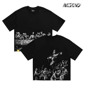 MeJend 12oz Heavyweight Cropped Tee, Jesus Print Oversized Tee, Streetwear T-Shirt, Gothic Art Heavy Cotton Shirt
