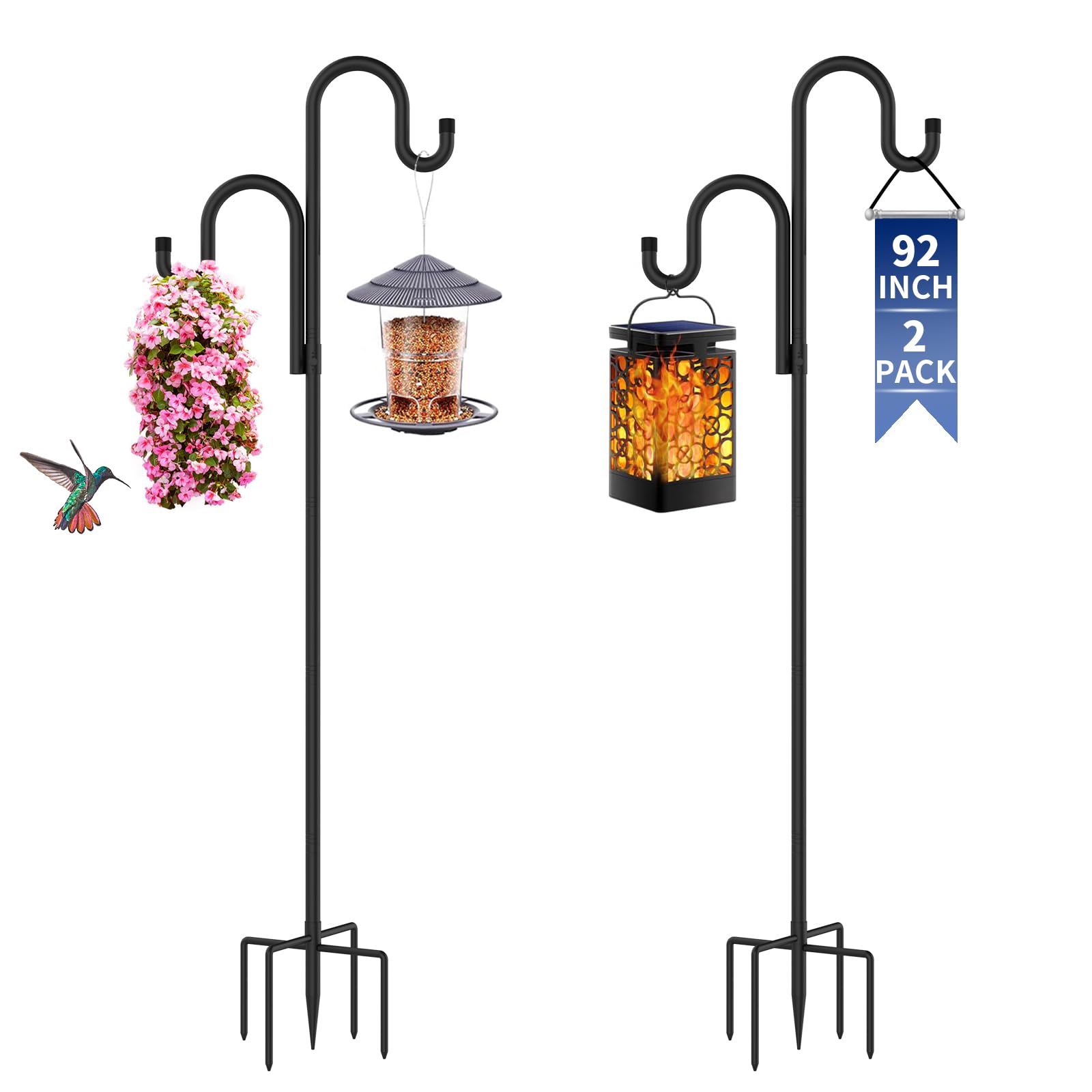 Double Shepherds Hooks for Outdoor,62 Inch/76 Inch/92 Inch, 2-Pack Heavy Duty Garden Pole for Hanging Bird Feeder, Plant Baskets, Solar Light Lanterns, Garden Plant Hanger Stands with 5 Base Prongs Double Shepherds Hooks for Outdoor,62 Inch/76 Inch/92 Inch, 2-Pack Heavy Duty Garden Pole for Hanging Bird Feeder, Plant Baskets, Solar Light Lanterns, Garden Plant Hanger Stands with 5 Base Prongs