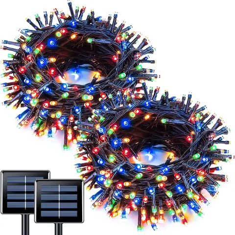 JMEXSUSS 2-Pack Solar String Decorative LED Lights - 100LED 32.8ft 8-Mode Waterproof Lights for Outdoor, Led Decoration Lamp, Christmas Decorations, Flexible Solar Panel Placement, Overheat Resistant, Green Wire, Kids Safe, Durable, Space-Saving