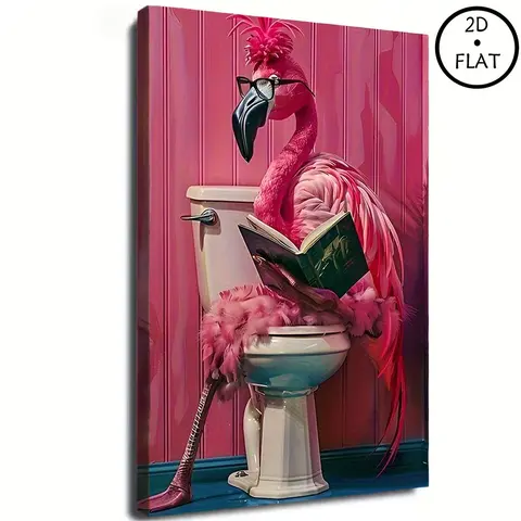 2D Flat Pink Flamingo Toilet Reading Canvas Wall Art - Modern, Humorous, Artistic Bathroom Decoration, High-Definition Print with Frame, Ready to Hang, Suitable for Living Room, Bedroom, Office - Unique Gift Idea, Fun Home Decor, Modern Style