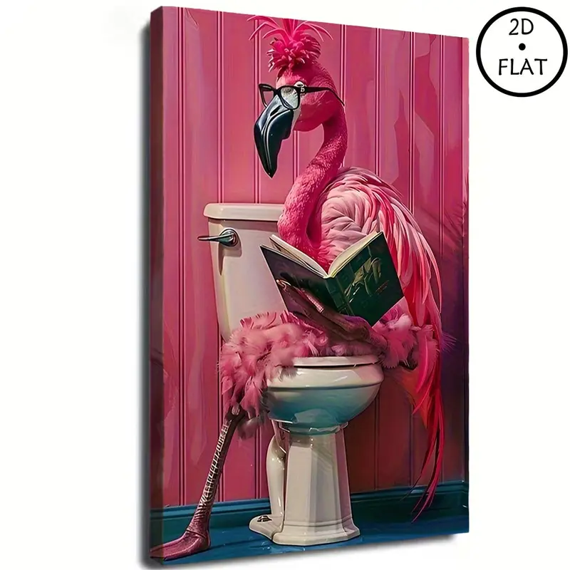 2D Flat Pink Flamingo Toilet Reading Canvas Wall Art - Modern, Humorous, Artistic Bathroom Decoration, High-Definition Print with Frame, Ready to Hang, Suitable for Living Room, Bedroom, Office - Unique Gift Idea, Fun Home Decor, Modern Style