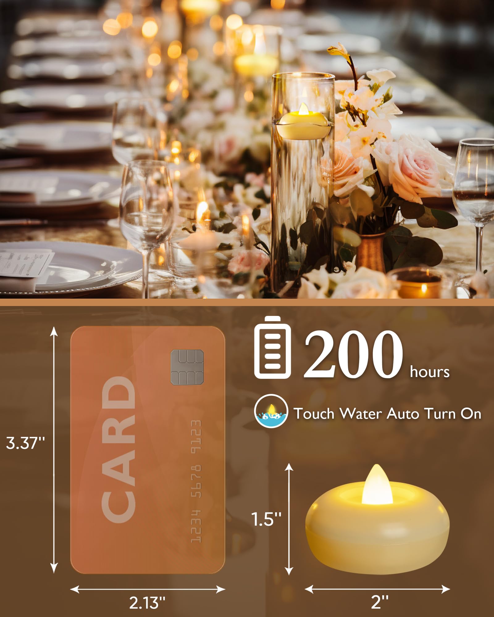 24 Pack 2” Flameless Led Floating Candles, 200 Hour Battery Operated Flickering Waterproof Tealights for Cylinder Vases, Centerpieces at Wedding, Party, Pool, Holiday (Ivory Base) 24 Pack 2” Flameless Led Floating Candles, 200 Hour Battery Operated Flickering Waterproof Tealights for Cylinder Vases, Centerpieces at Wedding, Party, Pool, Holiday (Ivory Base)