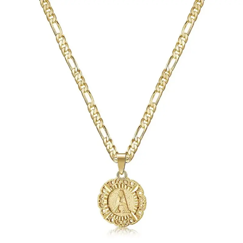 Nestoniyun 14 Karat Yellow Gold Plated Initial Necklace - 50cm Stainless Steel Anniversary Necklace with Round Letter Charm, Capital Monogram Alphabets A-Z, Unisex Daily Wear Casual Accessory Gold Choker Gold Statement Chain