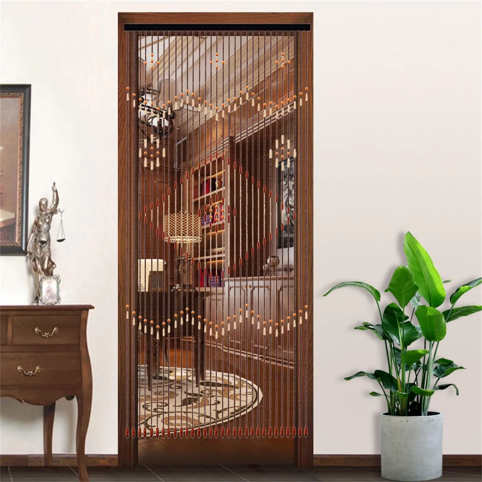Classical Chocolate Brown Beaded Cotton-Wood Door Curtain - Corrosion-Resistant, Hand-Strung, Durable, 31 Strings, Smooth Edges, Bottom Pendant, 208x90cm, No Assembly Required, Ideal for Bathroom, Kitchen Home Doorways Drapes