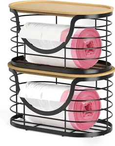 2 Pack Trash Bag Holder，Stackable Trashbag Dispenser With Bamboo Lid，Wall Mount Garbage Bag Dispenser Organizer for Kitchen Laundry Room Under Sink
