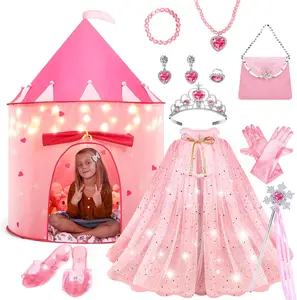 15Pcs Princess Castle Play Tent Dress Up with LED Glow in The Dark Stars for Little Girls－Princess Dress Up Cape with Crown,Girl Play Tent/House Toy for Indoor & Outdoor Use (Pink)