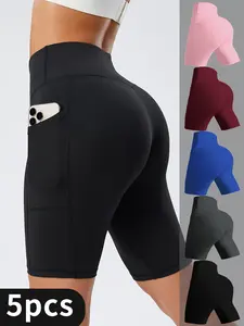 5pcs Women's High-Waist Stretchy Athletic Shorts, Breathable Compression Bike Yoga Workout Shorts with Pockets, Quick-Dry Baselayer Running Leggings