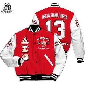 Ireishprint Delta Sigma Theta Custom Chapter Varsity Jacket, Delta Sigma Theta Crimson Jacket White Sleeve 1913 Sorority Jacket