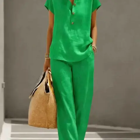Women's Summer Stand Collar Short Sleeve Top & Elastic Waist Long Pants Set, Loose Fit Chic Two-Piece Set, Casual Daily Wear, Casual Everyday Set, Womenswear
