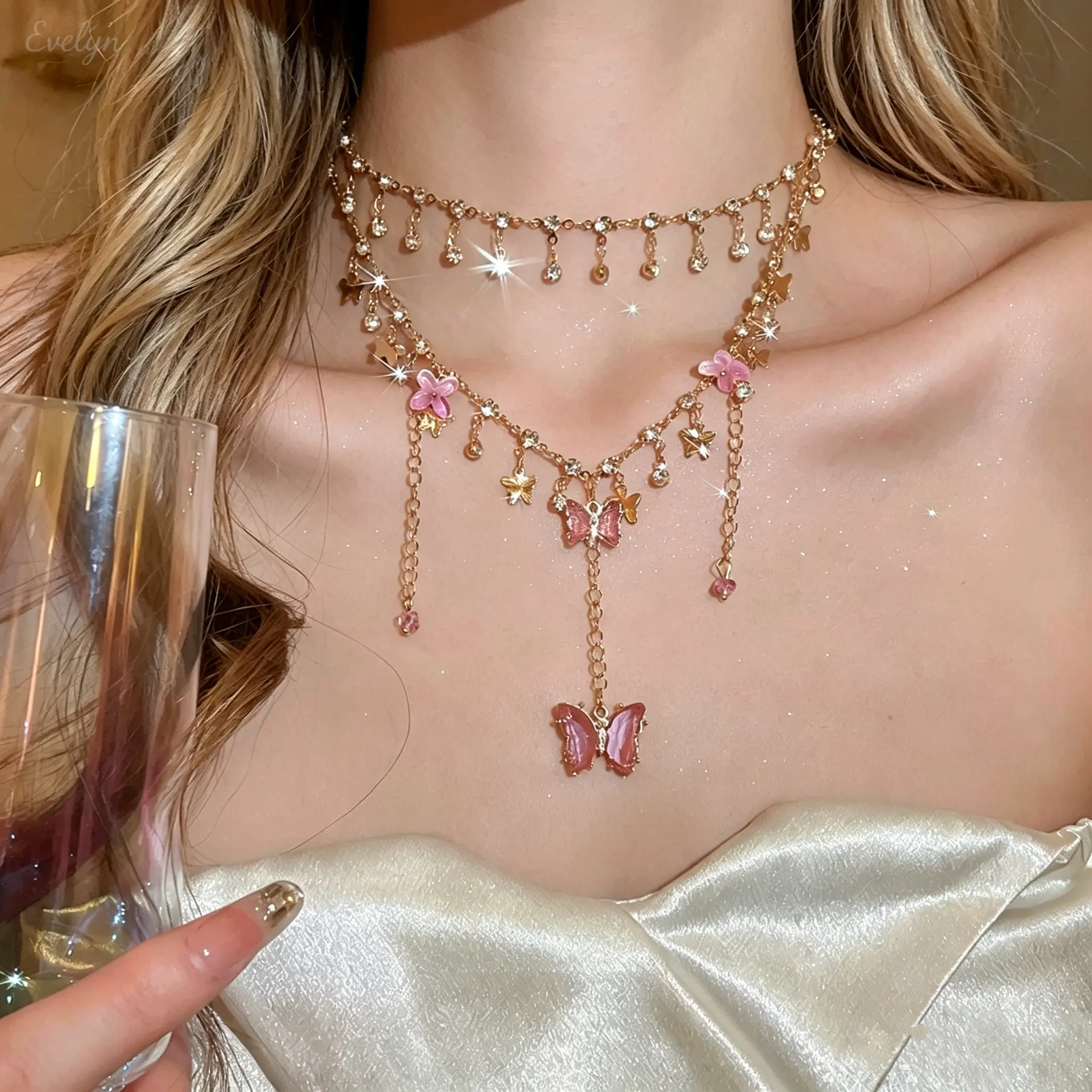 Layered Butterfly Necklace, Fairycore Gold Tone Choker with a Pink Enamel & Rhinestone Y-Drop Dangling Pendant, Butterfly Necklaces, Bling Effect, Evening, Casual