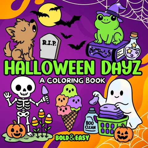 Wook Books Halloween Dayz Bold Easy Coloring Book with Reusable Protective Sheet Hand Drawn Illustrations for Stress Relief 8.5 x 8.5 Portable Size