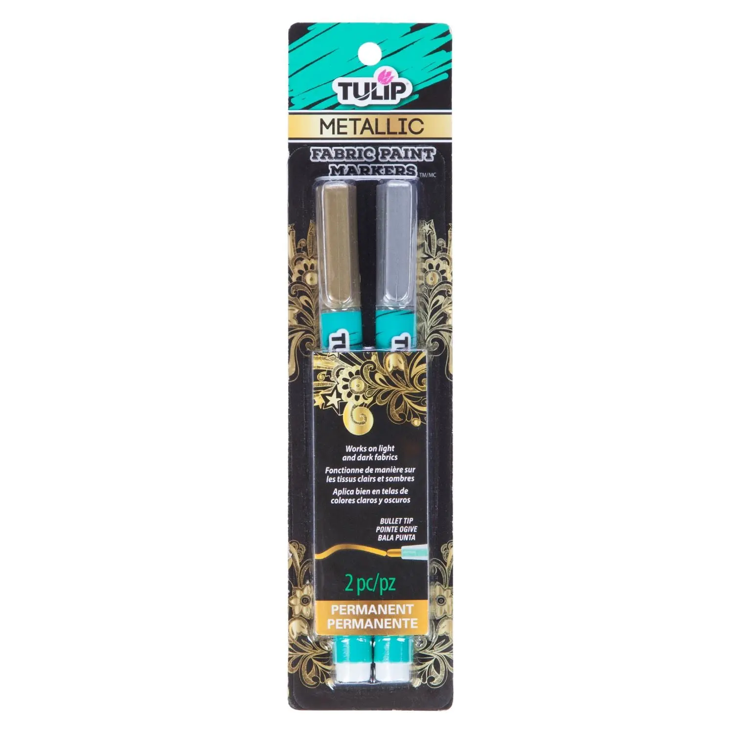 Tulip Metallic Fabric Paint Markers, 2-Pack Coloring Tool with Metallic Ink & Opaque Paint, Permanent on Fabric for Doodling, Stenciling, Shimmer Effects, Bold and Easy Coloring, Bright And Bold Inks
