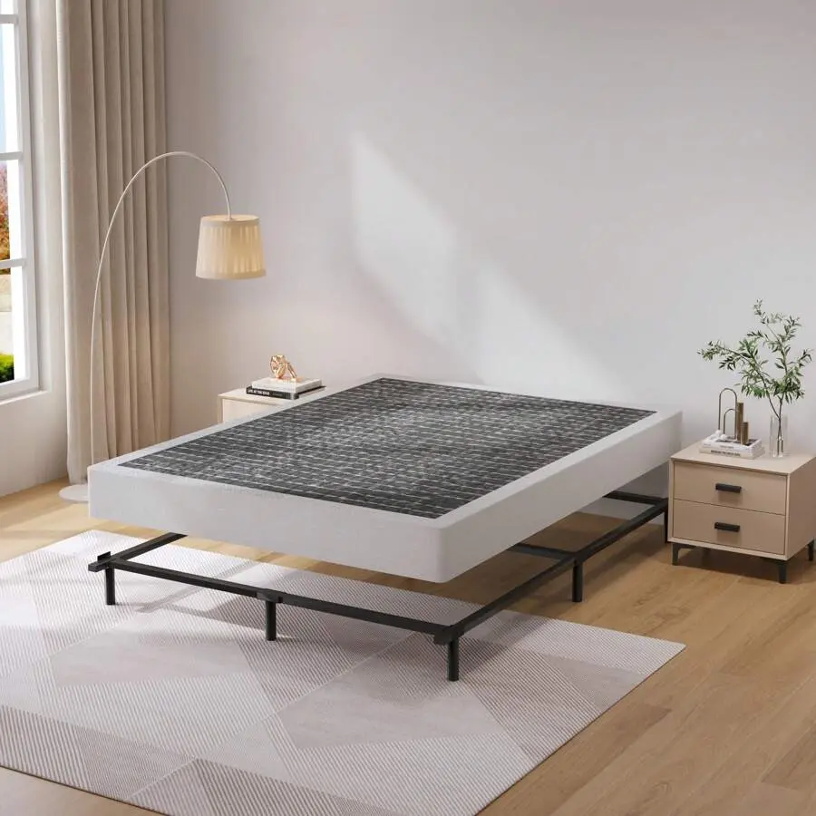 Box Spring Bed Base, 3000 Lbs Black Heavy Duty Metal Mattress Foundation With Easy Clean Fabric Cover, No Noise,Easy Assembly Queen Size Floor Guardrail Primed "T" Style DIY Barn Door