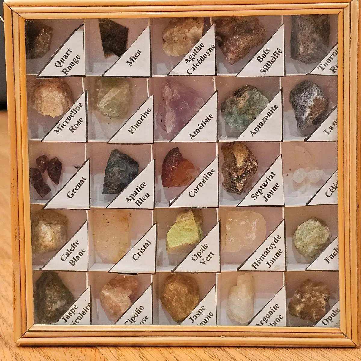 Natural Raw Crystals in a Wood Frame. 25 Natural Crystals, Christmas Gift Set, Stocking Stuffer, Holiday Crystal Gift Set