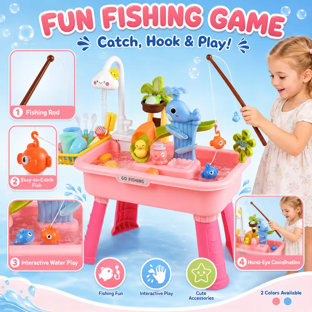 3 In 1 Kitchen Sink Playset with Electric Faucet, Water Table & Fishing Game, Role Play Toy Indoor Outdoor -5464