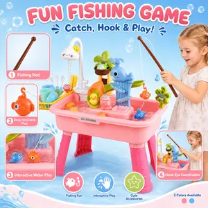 3 In 1 Kitchen Sink Playset with Electric Faucet, Water Table & Fishing Game, Role Play Toy Indoor Outdoor -5464