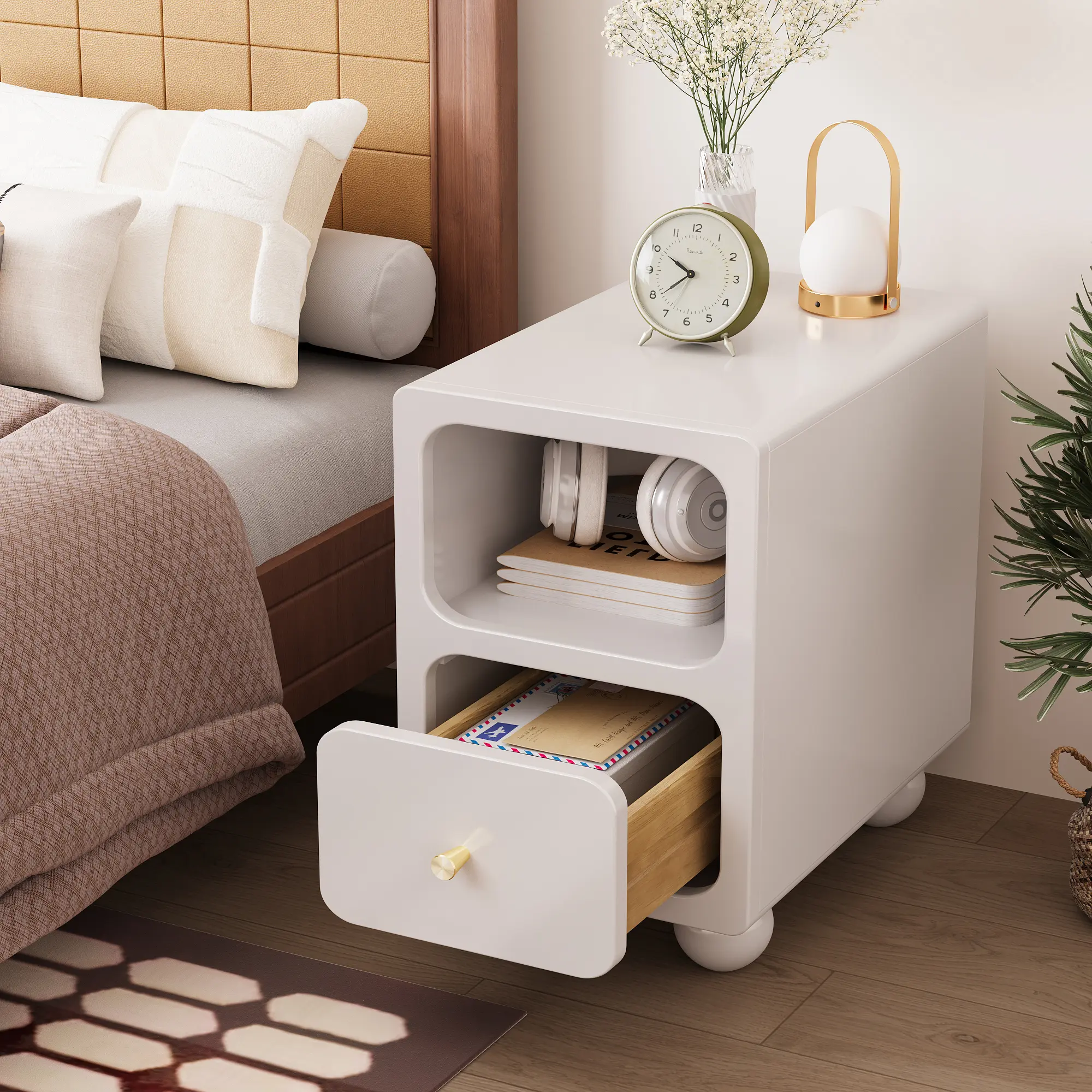 CocoHouse 12-in Solid Wood Nightstand - Narrow Mid-Century Modern Nightstands with Drawer & Open Storage Shelf, Round Brackets, Smooth Polished Top for Bedroom